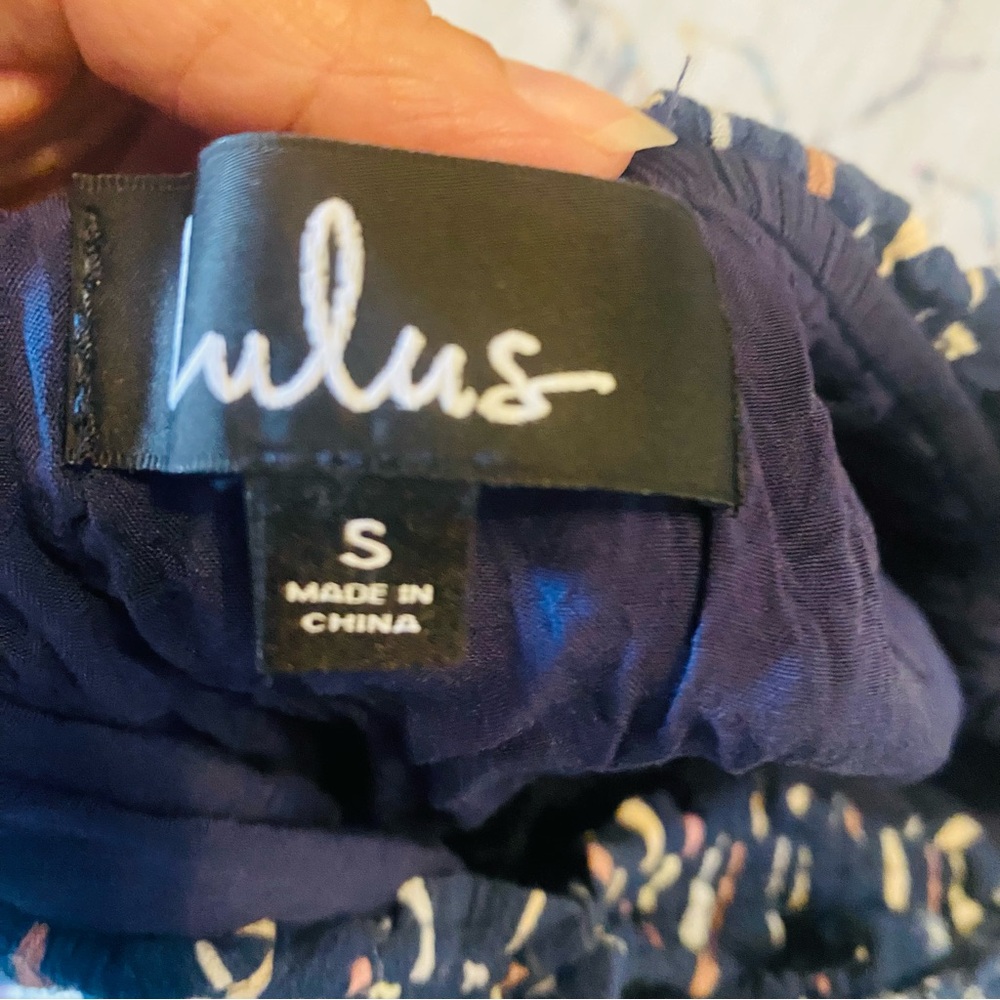 LULUS True Radiance Navy Blue Multi Print Off-the-Shoulder Jumpsuit S - Picture 6 of 6